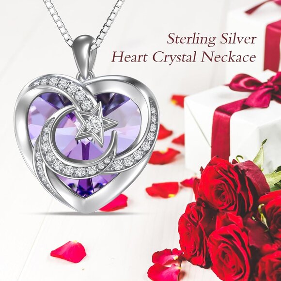 Birthstone Moon and Star Necklace Women 925 Sterling Silver Heart Crystal Gift - Picture 4 of 7